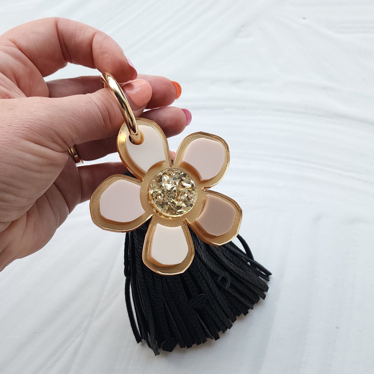 Neutral Flower Leather Tassel Bag Charm