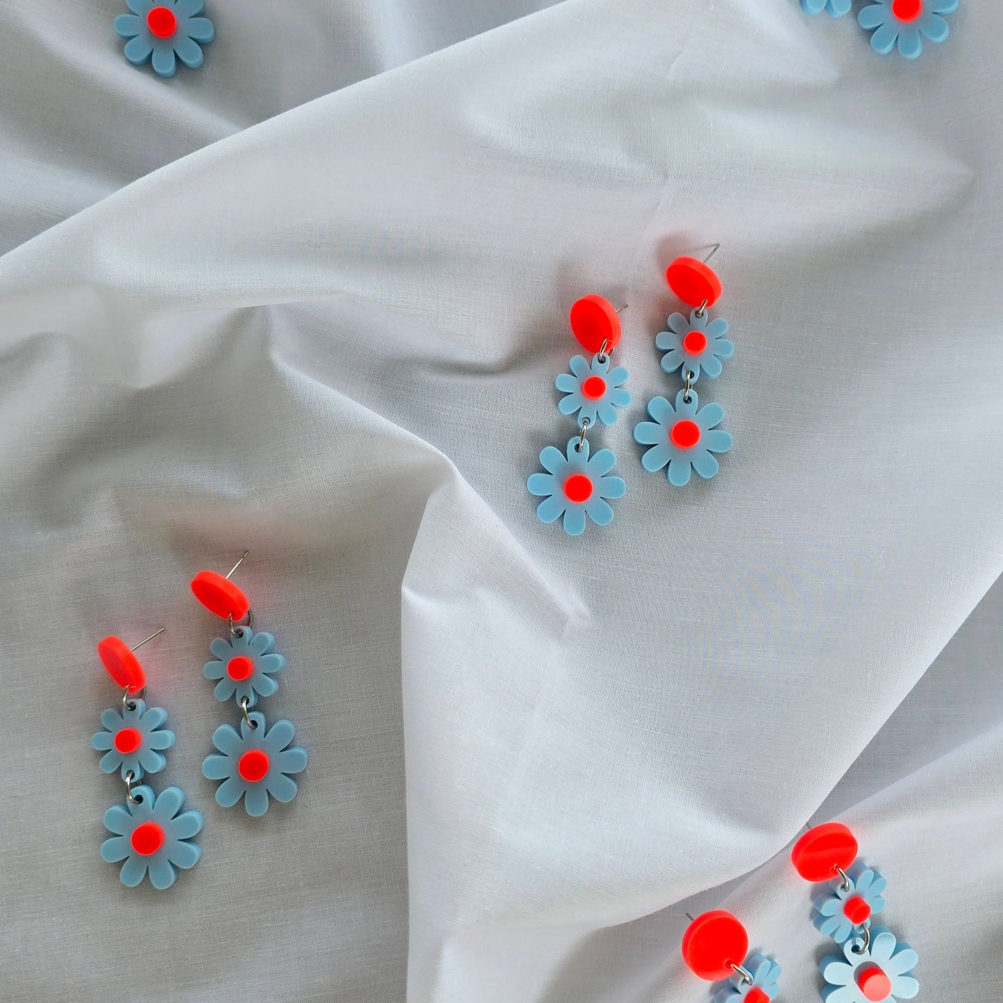 Wildflower Dangle Earrings - Blue & neon Orange