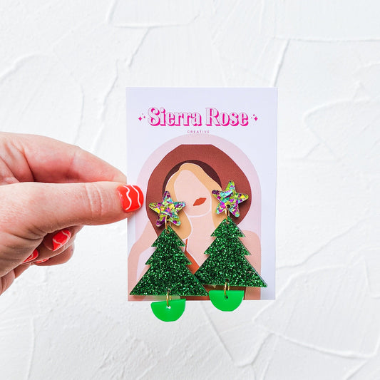 Christmas Tree Dangle Earrings - Green Sparkle