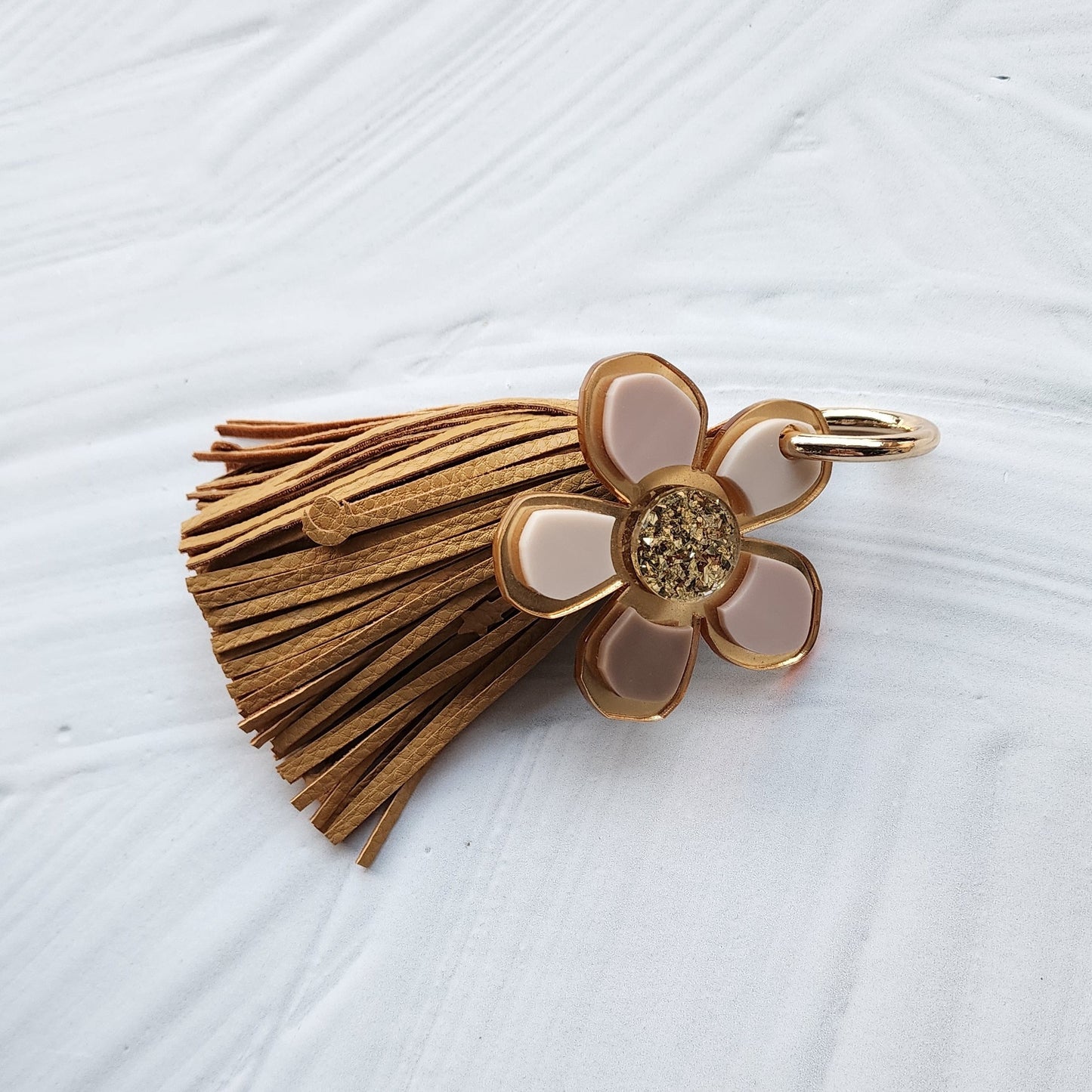 Neutral Flower Charm with Leather Tassel