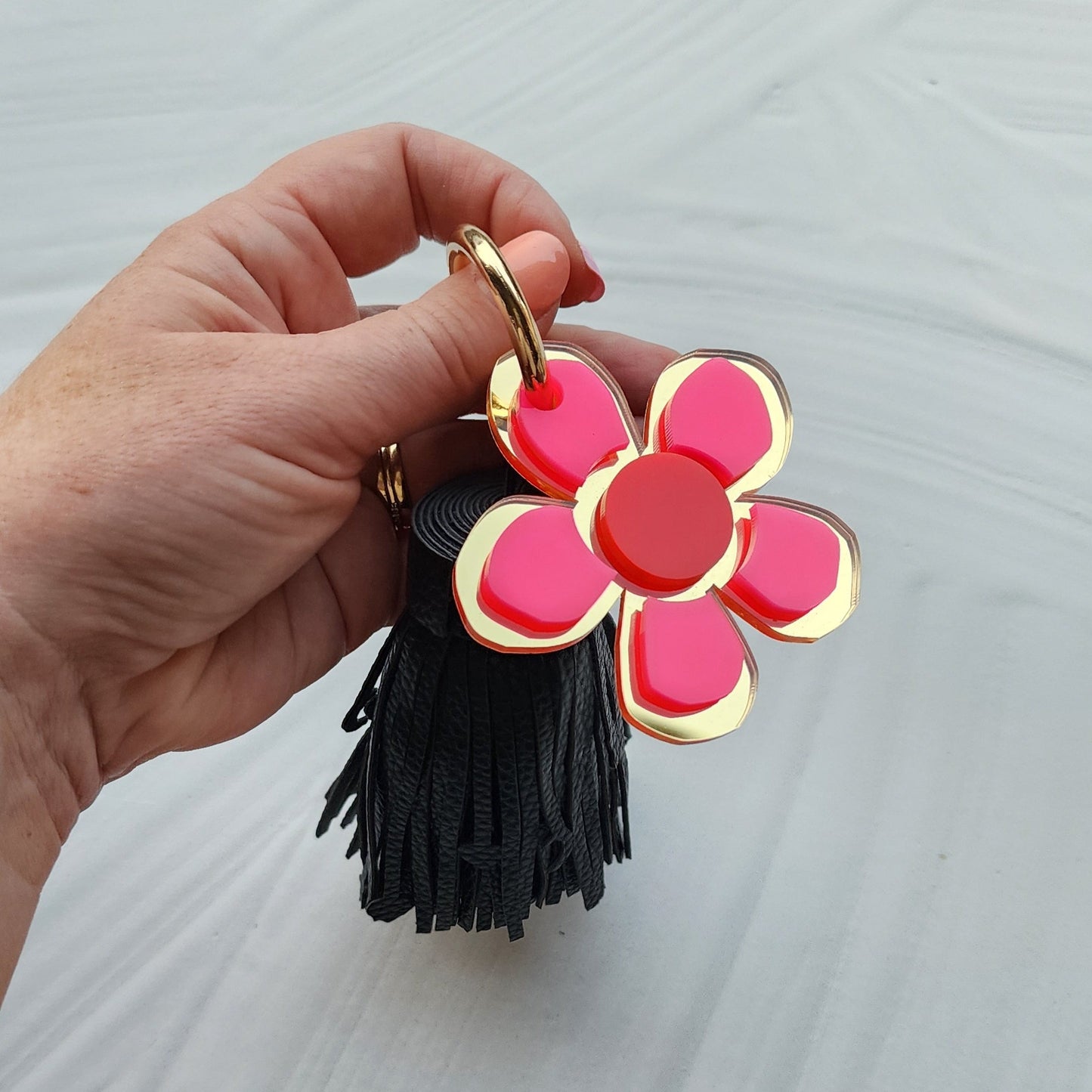Bright Flower Charm with Leather Tassel