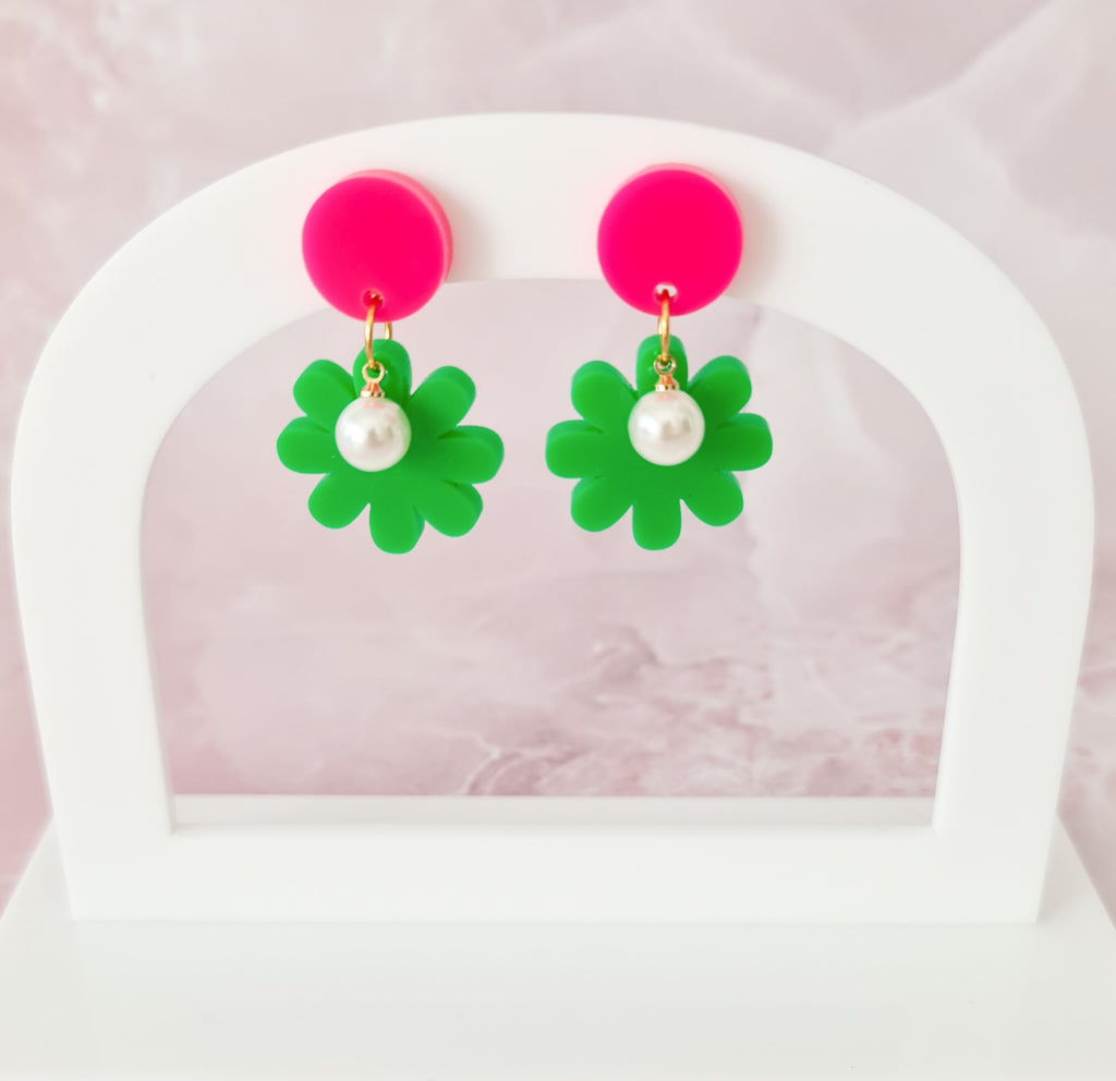 Pink & Green Pearl Flower Earrings