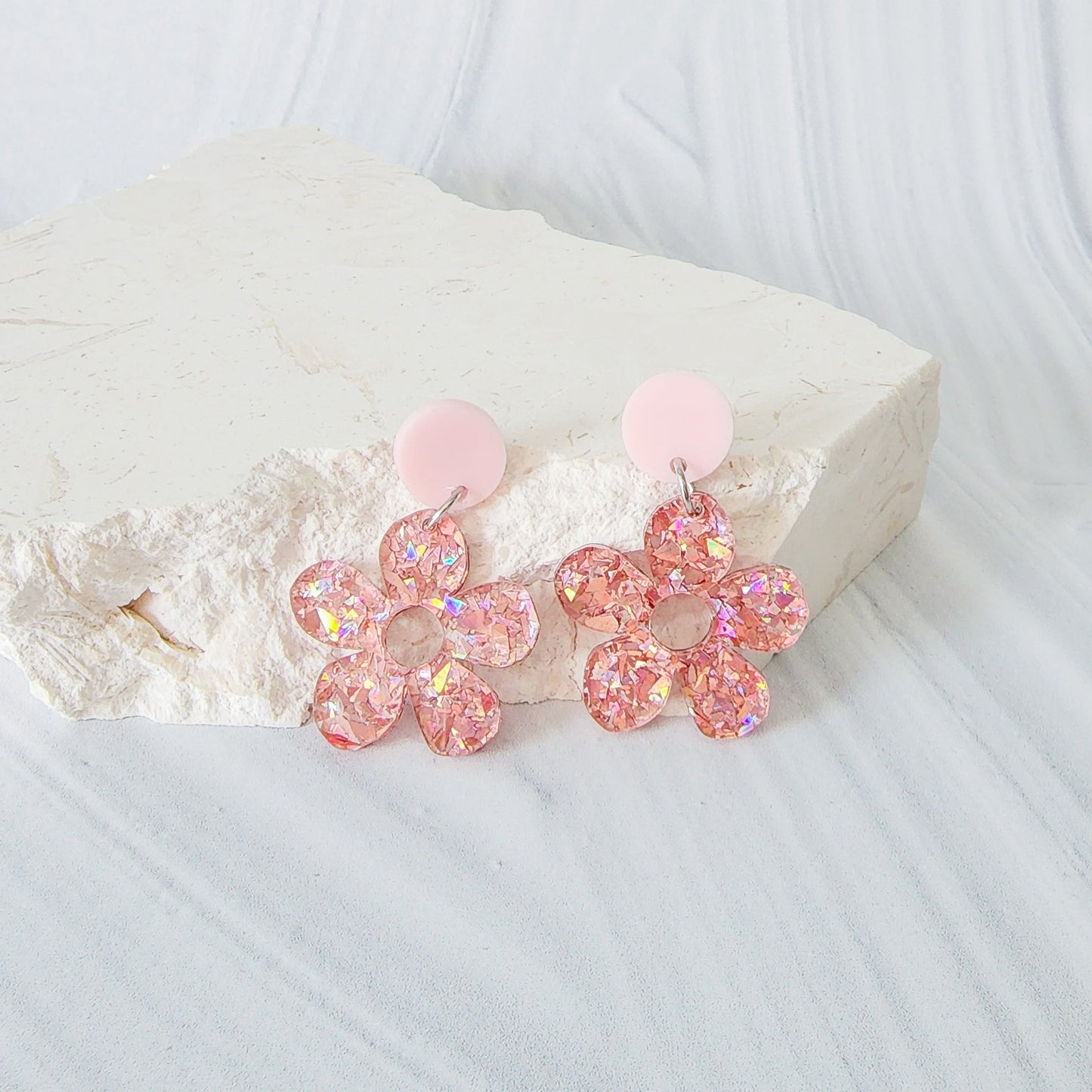 Pink Sparkle Flower Dangle Earrings