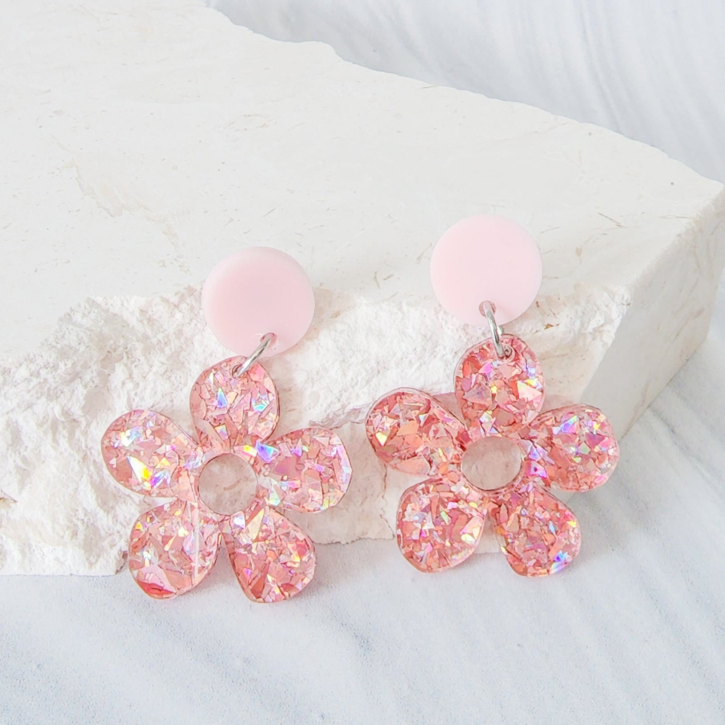 Pink Sparkle Flower Dangle Earrings