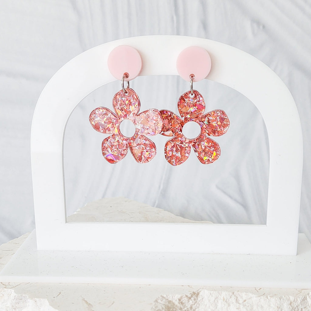 Pink Sparkle Flower Dangle Earrings