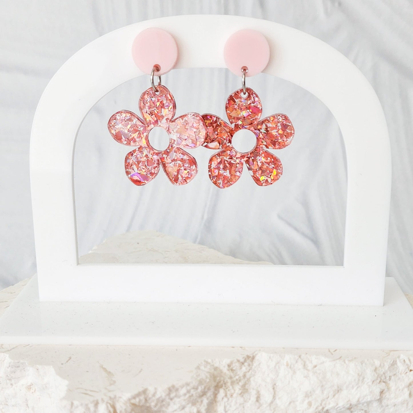 Pink Sparkle Flower Dangle Earrings