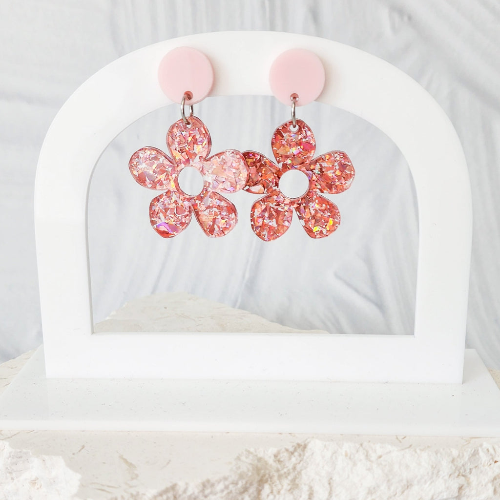 Pink Sparkle Flower Dangle Earrings