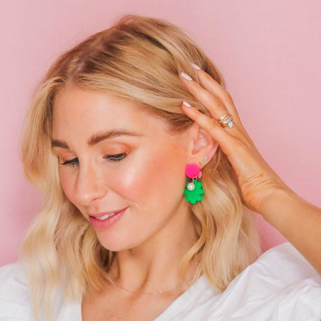 Pink & Green Pearl Flower Earrings