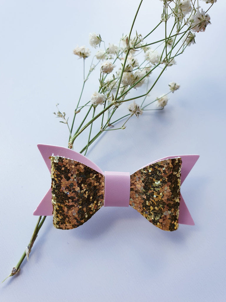 Pink and Gold Sparkly Glitter Hair Bow - headband OR clip
