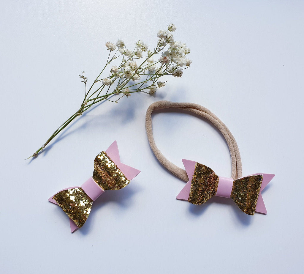 Pink and Gold Sparkly Glitter Hair Bow - headband OR clip