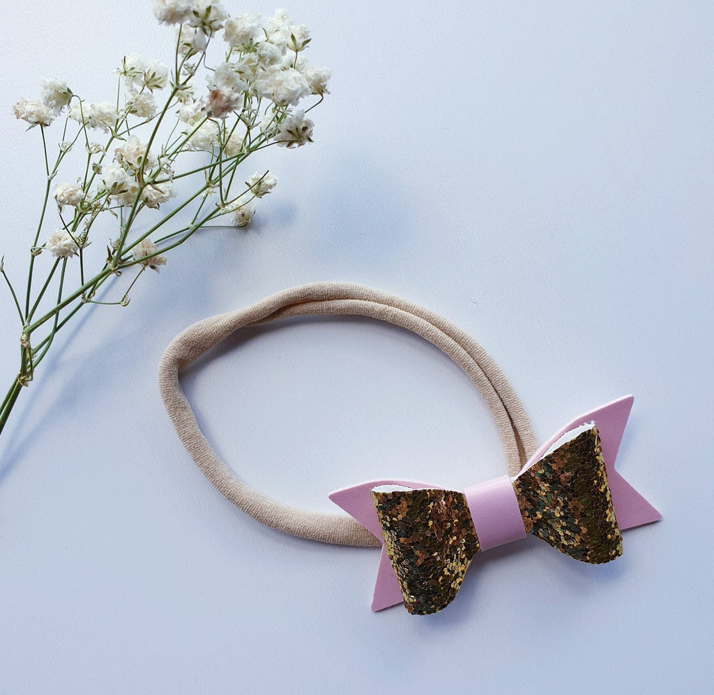 Pink and Gold Sparkly Glitter Hair Bow - headband OR clip